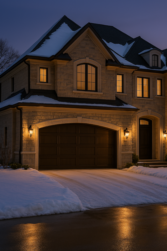 Snow covered house with solid garage door in Elhurst