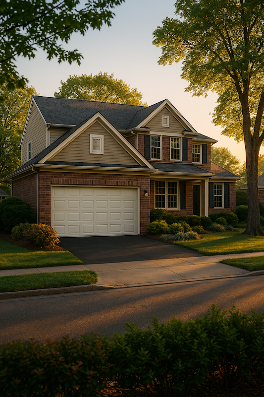 House in the suburbs with modern, white garage door