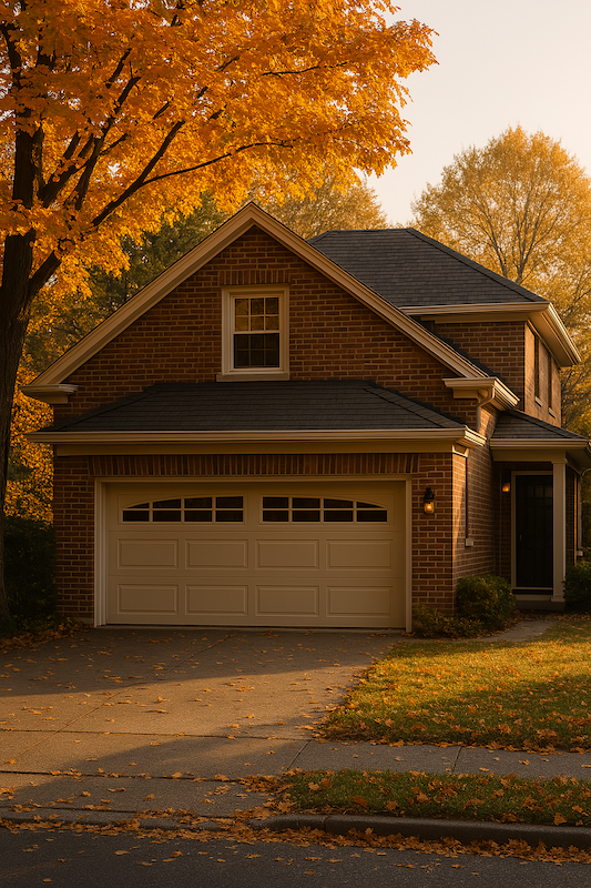 Classic Highland Park house with modern garage door in the fall