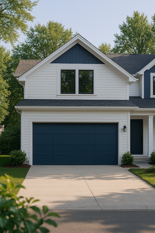Cool house with blue garage doors in Inverness, IL