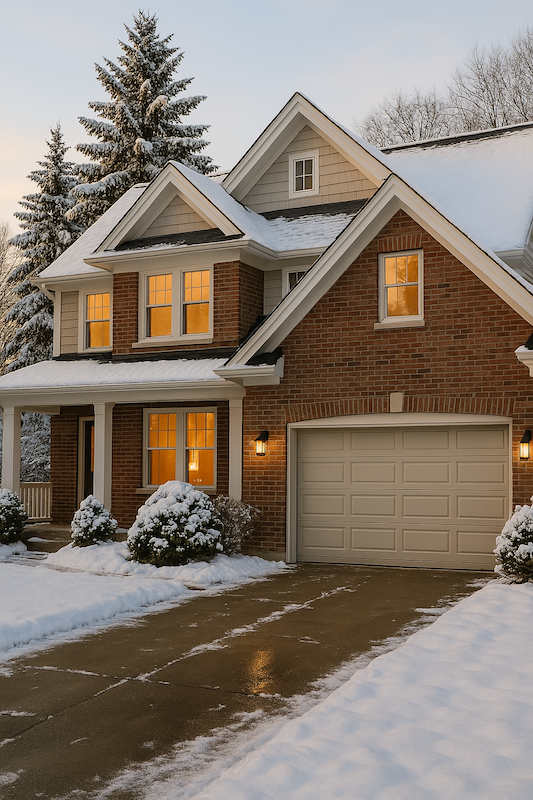 Kenilworth house in the winter, with premium garage doors