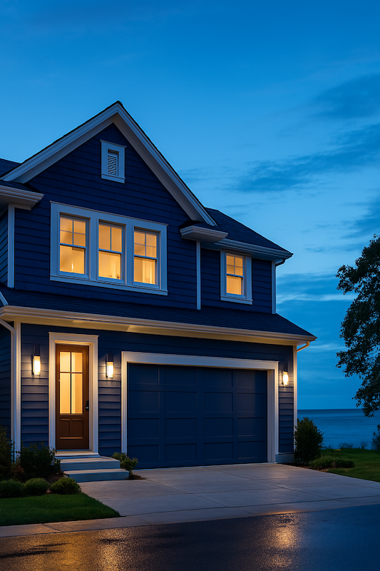 Classic american house by the lake, with modern garage door