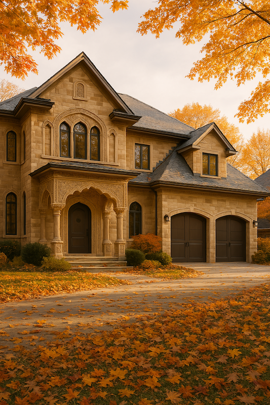 Naperville house in the autumn, with double garage doors