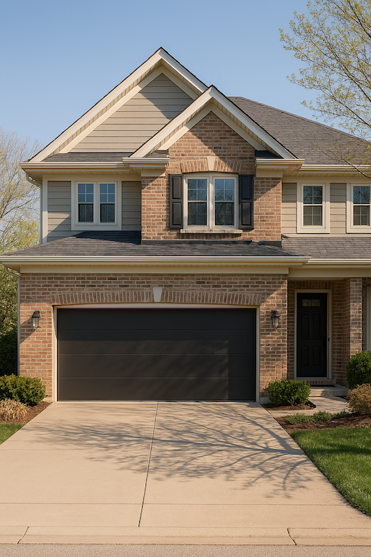 Oak Brook house in the summer with modern garage door