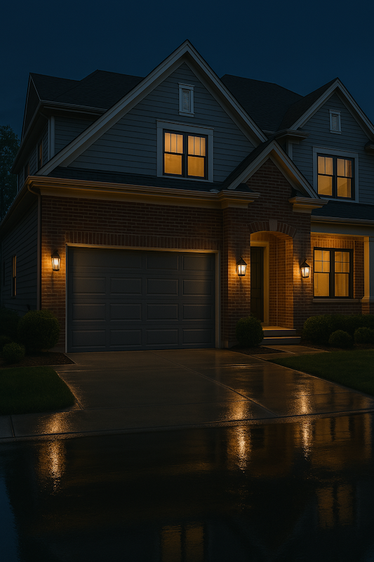 Evening in Wilmette IL - suburban house with modern garage door